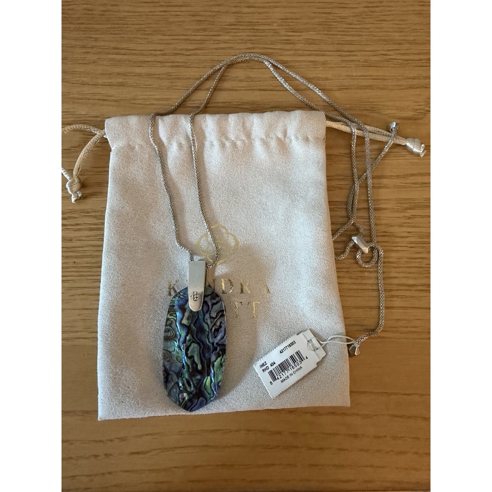 Kendra Scott Inez Abalone Pendate Necklace Rhodium Plated 30" Adjustable NEW